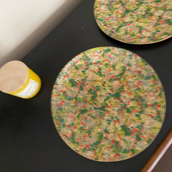 Large vintage MCM woven wood bowl platters in red and green 2 available - Picture 10 of 12